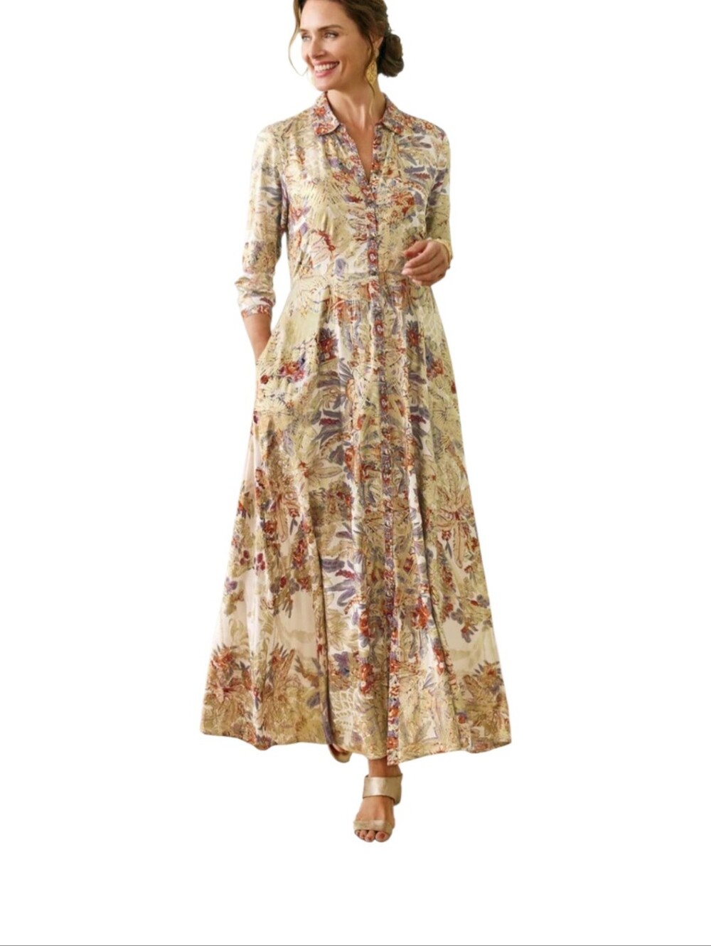 Soft Surroundings Boho Metallic Floral Maxi Collared Shirtdress Sz S - Picture 3 of 16